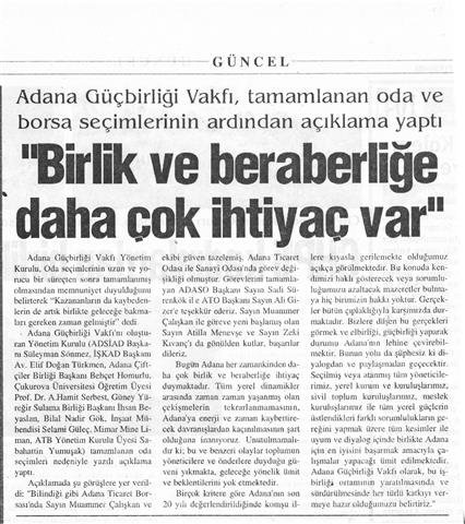 Yeni Adana Gazetesi'BİRLİK VE BERABERLİĞE DAHA ÇOK İHTİYAÇ VAR'